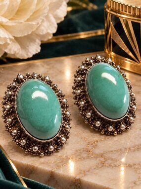 1940s-1950s Persian Style Clip Earrings Sterling w Turquoise Gems Signed Israel